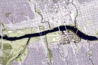 Aerial map of Austin with the Colorado River cutting through it