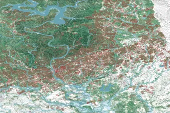 Aerial shot of a landscape with rivers and urban areas