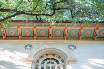 The facade of a building with colored ornamental designs on an overhang seen from below against a tree branch and leaves.