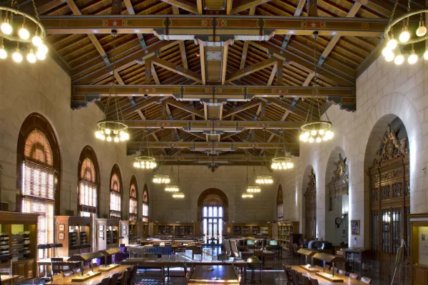 Long view of the interior of the Battle Hall Library reading room