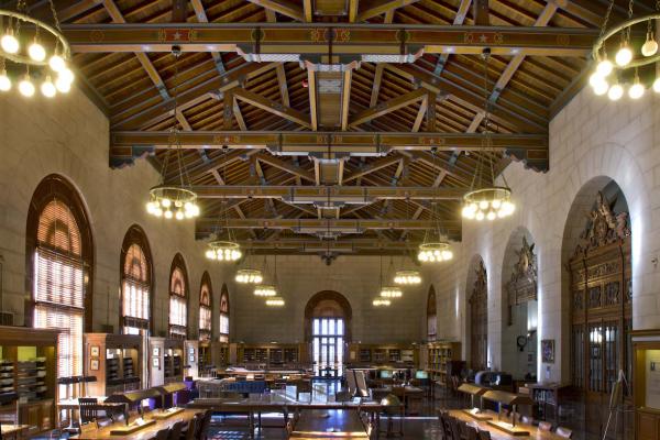 Long view of the interior of the Battle Hall Library reading room