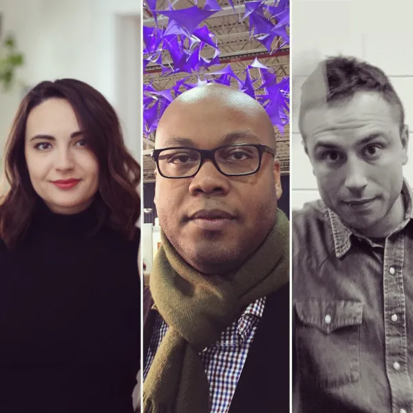 Three headshots in a row. From left to right, Ria Bravo, Charles Davis, Tyler Swingle