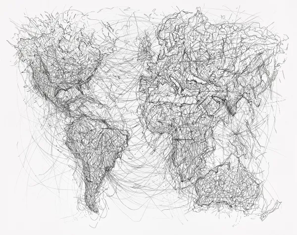 A black and white map of the globe with various lines and scribbles connecting different places on the map