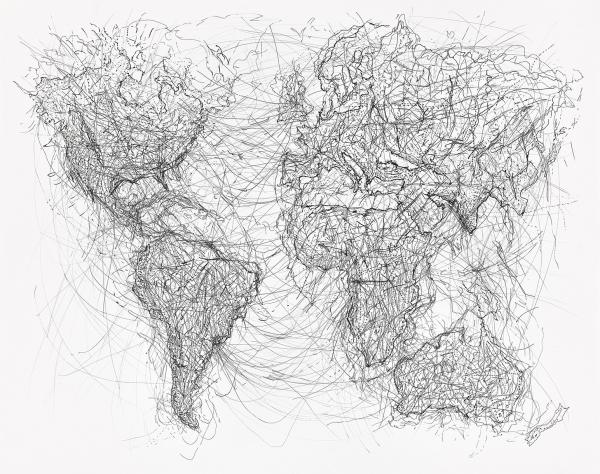 A black and white map of the globe with various lines and scribbles connecting different places on the map