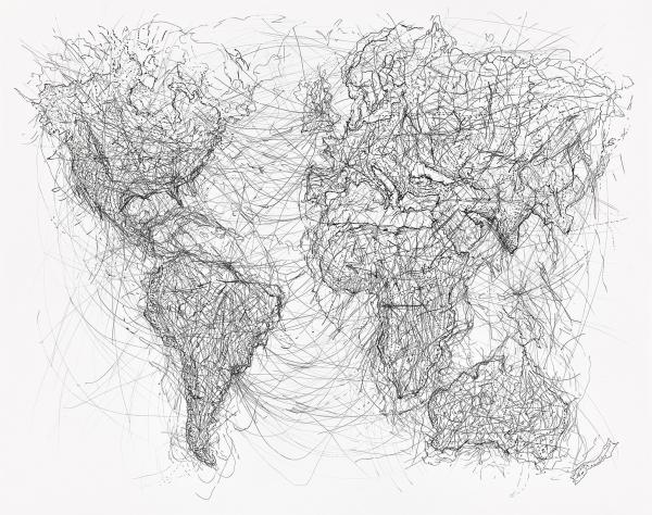 A black and white map of the globe with various lines and scribbles connecting different places on the map