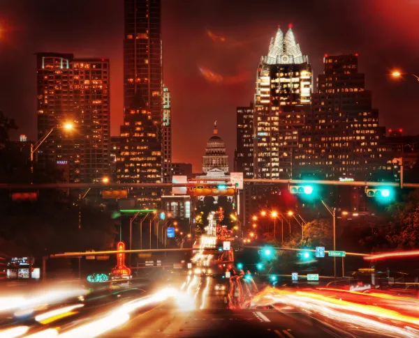 A timelapse of vehicles traveling along South Congress Avenue looking towards the Texas State Capitol