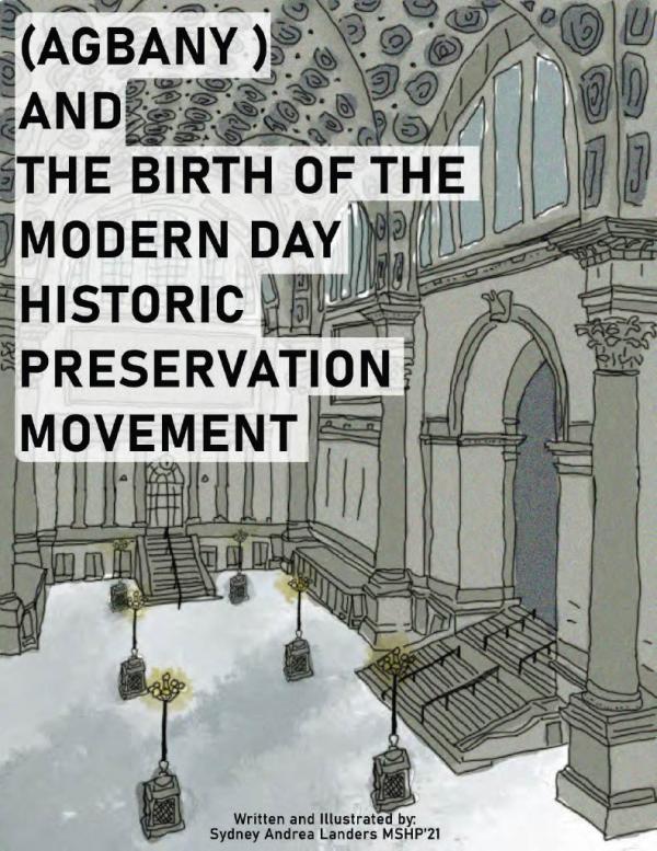 Hand drawn cover of a graphic novel depicting the interior of Penn Station with the text "(AGBANY) and the Birth of the Modern Day Historic Preservation Movement" overlaid on it