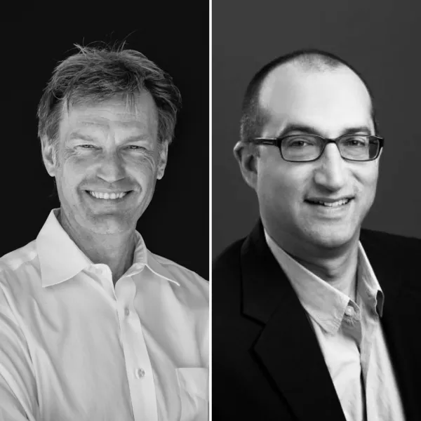 Black and white headshots of John Blood and Keith Simon