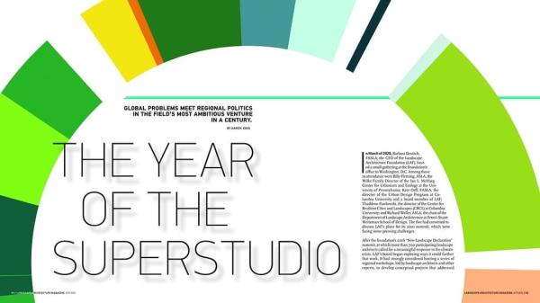 First page spread of Landscape Architecture Magazine's story about the Green New Deal Superstudio