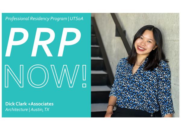 Turquoise tile reading PRPNow! on the left, with an image of a student smiling while standing along a stairwell.