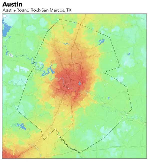 Overhead map of the Austin Round Rock MSA indicating number of jobs accessible in a given area with red indicating a high density of jobs, green a low density