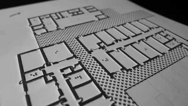 Black and white floorplan, designed to be read by someone who is blind with raised ink and braille