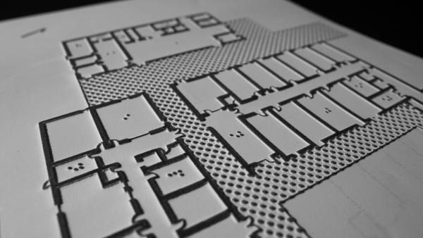 Black and white floorplan, designed to be read by someone who is blind with raised ink and braille