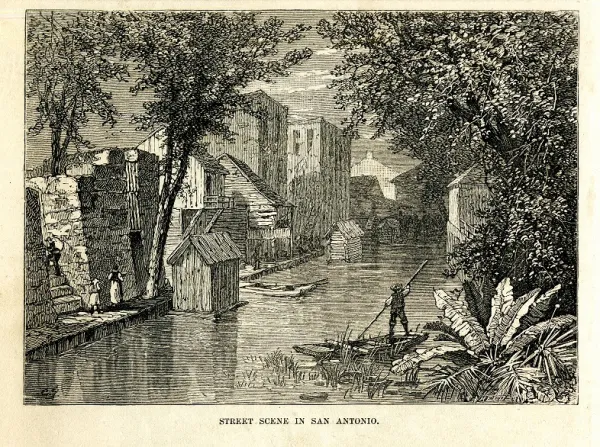 "Muslin-draped bathing houses float at the foot of gardens, and the limpid little stream is in high favor as a refuge during the heated term." Frank H. Taylor, "A Journey through Texas," Harper's New Monthly Magazine, October 1879.