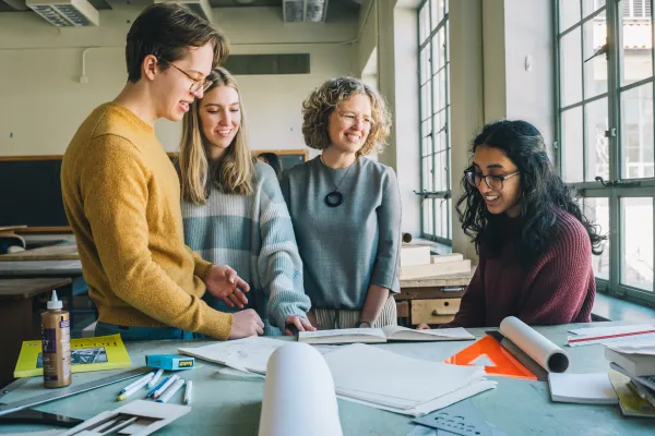 Dean Woofter and students in an architecture studio