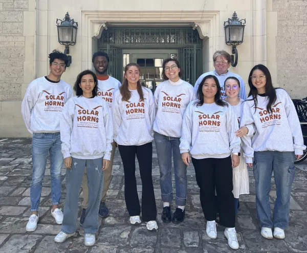 UT Solar Horns team photo in front of Goldsmith Hall