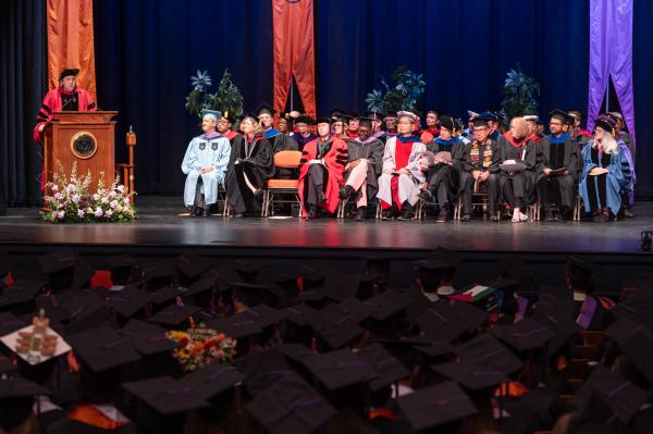 Faculty wearing regalia on stage at commencement
