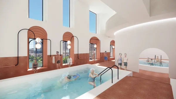 Rendering of a senior living faculty interior with people engaging around a swimming pool.
