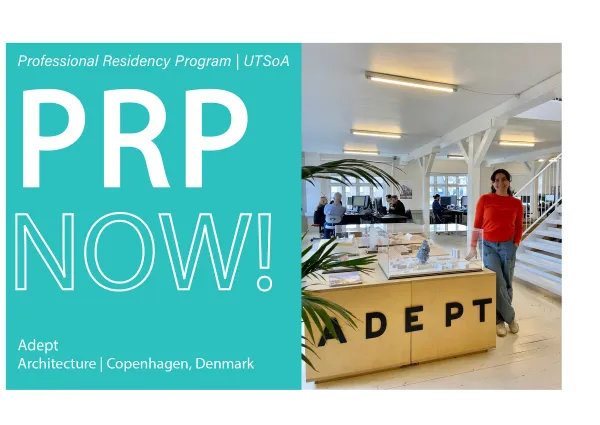 "PRP Now" graphic in teal on the left, with a picture of a woman posing in an architecture studio on the right