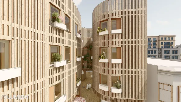 Rendering of a multistory building made wood with balconies and a peek into an interior courtyard.