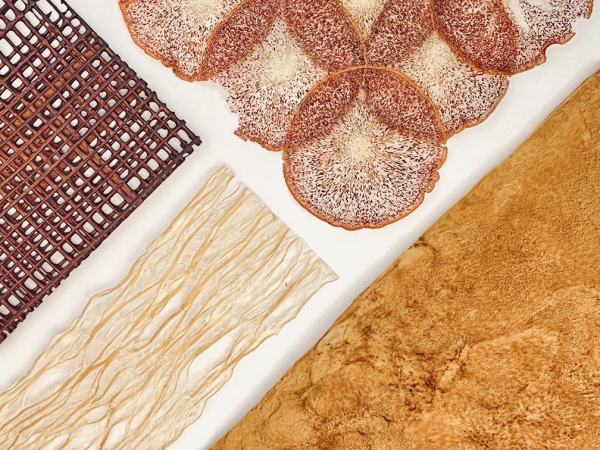 Several orange and brown materials displayed against a white background