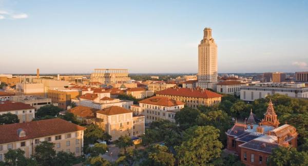 University of Texas at Austin aerial photograph with sunset