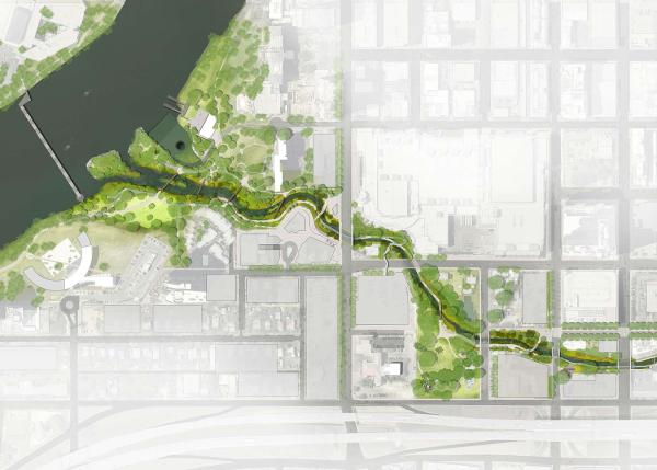 Aerial rendering showing Waller Creek Greenway draining into Lady Bird Lake in Austin Texas