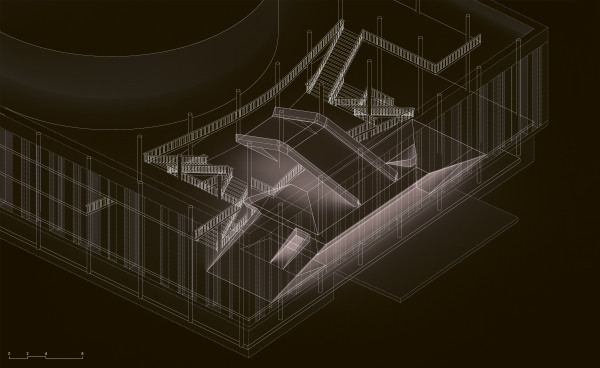 Architectural drawing with white lines on black background by Igor Siddiqui: Claude Parent’s Practicable (Caen), 2025