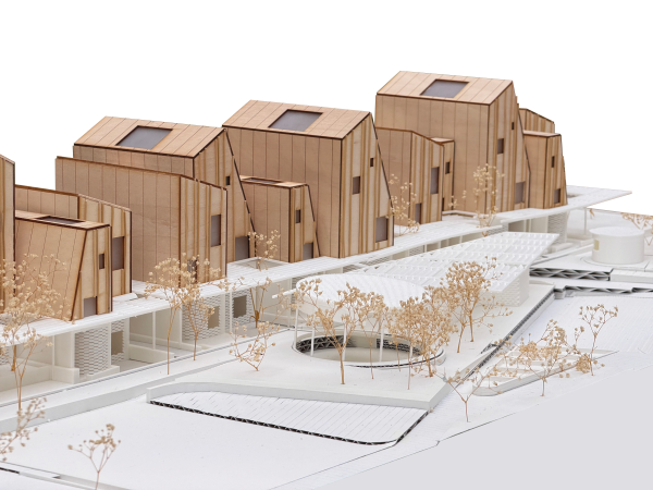 Physical model of housing development with skylights and chiseled angles