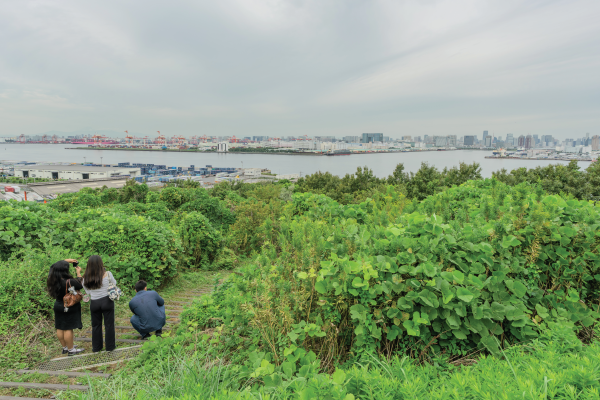 Two students look out into Tokyo bay from verdant lookout