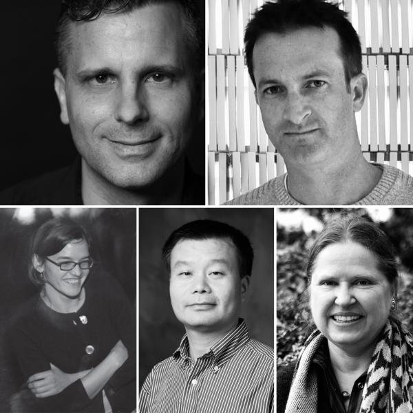 Black and white collage of faculty headshots from top left clockwise, Ulrich Dangel, Kory Bieg, Mirka Benes, Ming Zhang, Danelle Briscoe