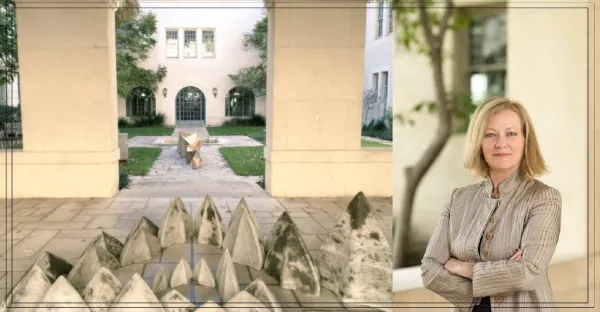 Dean Addington headshot and Goldsmith Hall Courtyard