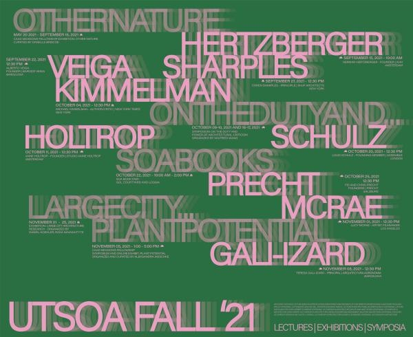 Fall 2021 lecture series poster. Features pink text on a green background.