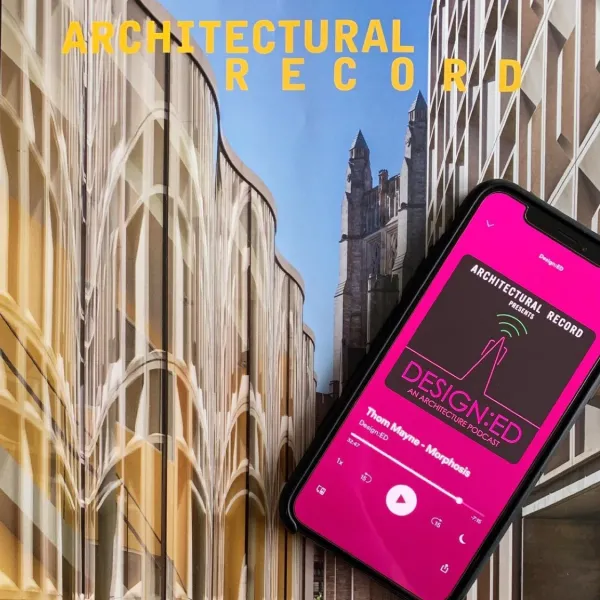 A phone with Thom Mayne's Design:ED podcast playing, laid on top of an issue of Architectural Record