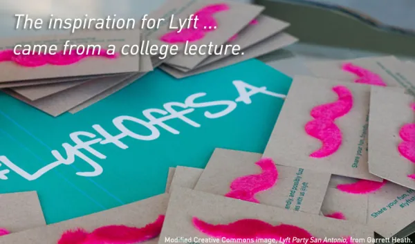 "The inspiration for Lyft...came from a college lecture."  Image of fuzzy moustaches at a Lyft party; modified Creative Commons image from Garrett Heath