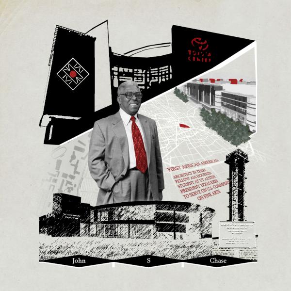 John S. Chase collage on a limestone background featuring a black and white picture of Chase with a red tie, the NOMAS and Toyota Center logos, and other elements of Chase's life