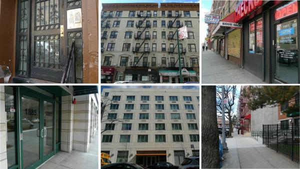 A grid of six different architectural facades in Central Harlem in various states