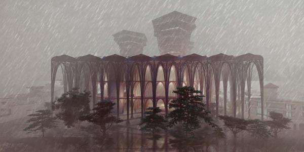 Rendering of the exterior of the Wind Conduit building in the rain