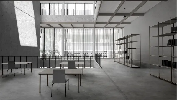 Neutral, grey-toned architectural rendering of a room with a few tables and chairs, with light filtering through windows in what seems like a communal office space