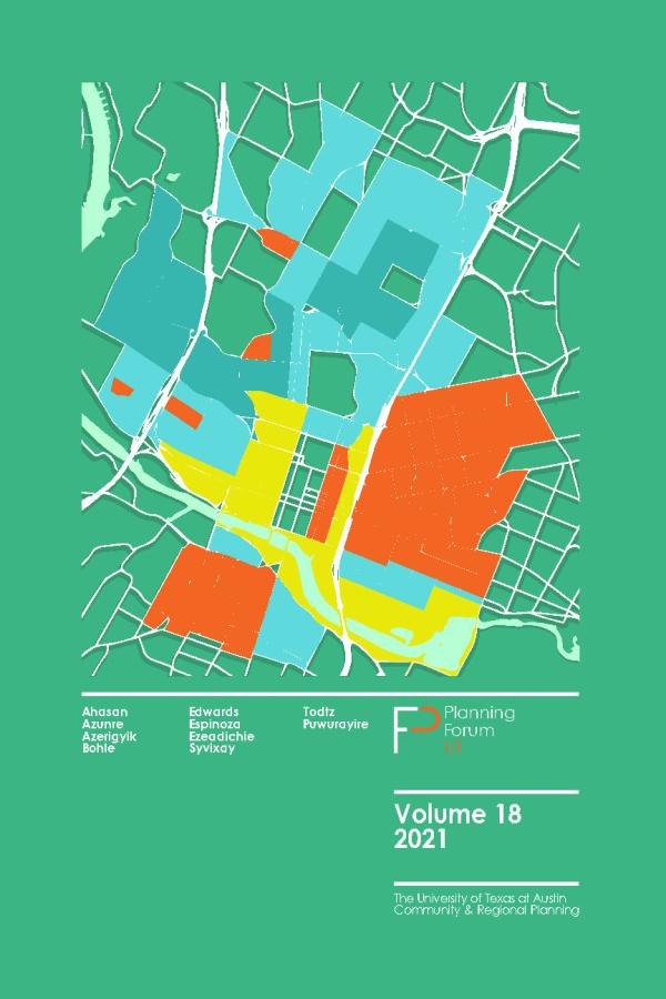 Front cover of Planning Forum Volume 18. Features a map of Austin on top of a green background with different brightly colored swatches on top of the map
