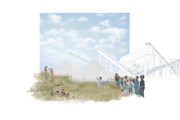 Rendering of diverse school aged children on the edge of a meadow with heavy machinery and piles of industrial materials in the background