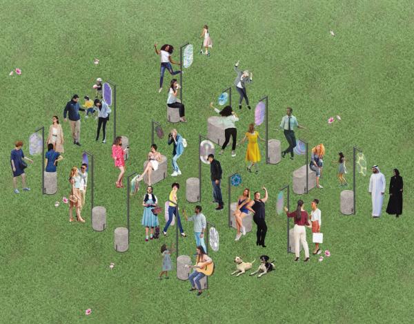 Rendering of students Bug Filter lenses installed on hempcrete furniture bases, with all types of people dancing, engaging, and gathering around them