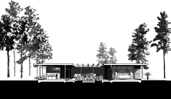 Black and white architectural drawing of the exterior of John S. Chase's modernist home