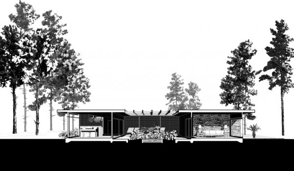 Black and white architectural drawing of the exterior of John S. Chase's modernist home