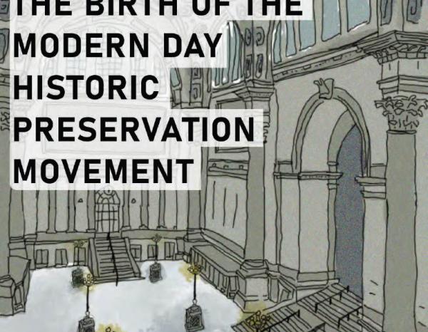 Hand drawn cover of a graphic novel depicting the interior of Penn Station with the text "(AGBANY) and the Birth of the Modern Day Historic Preservation Movement" overlaid on it
