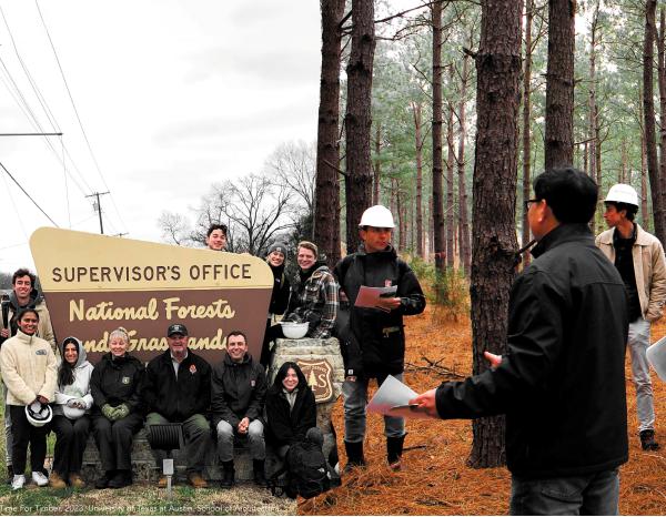 Two photos merged together. On the left, students pose in front of a national forest sign. On the right, students speaking with forest representatives in hard hats.