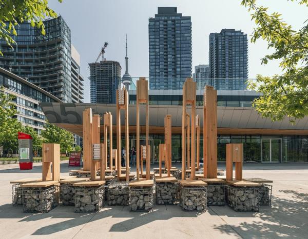 Wide angle view of the Multispecies Lounge project in front of buildings in Toronto