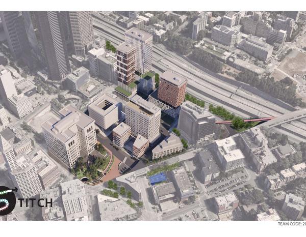 Overhead rendering of The Stitch proposal and site in downtown Seattle