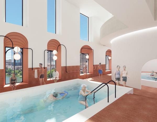 Rendering of a senior living faculty interior with people engaging around a swimming pool.