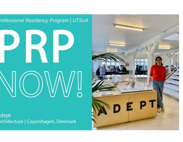 "PRP Now" graphic in teal on the left, with a picture of a woman posing in an architecture studio on the right